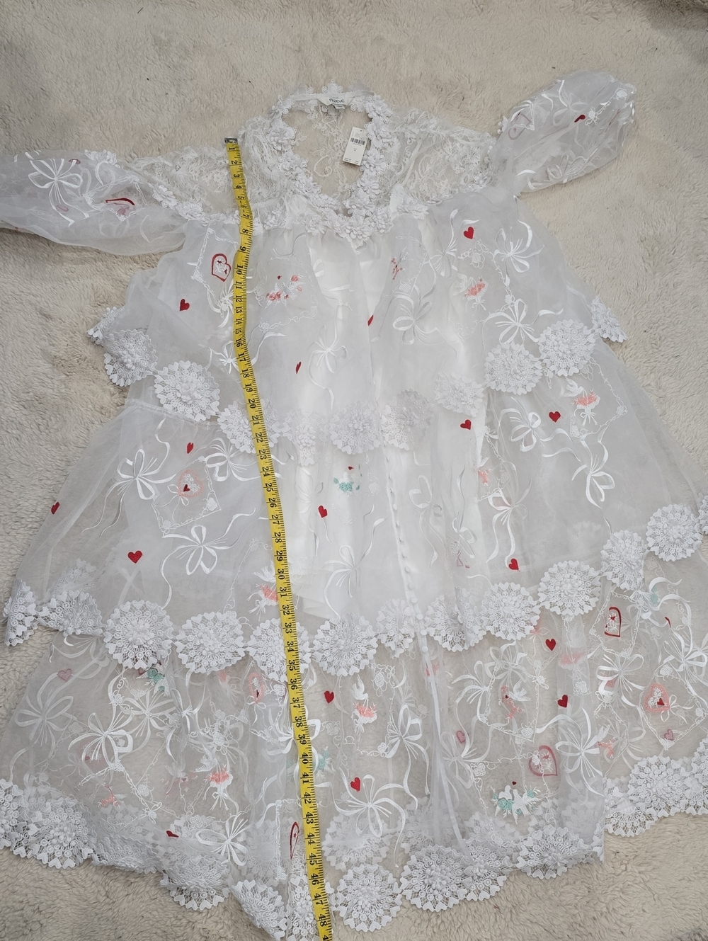 Maeve Sheer White Lace Embroidered Chemise with Red Heart Accents - Picture 6 of 6